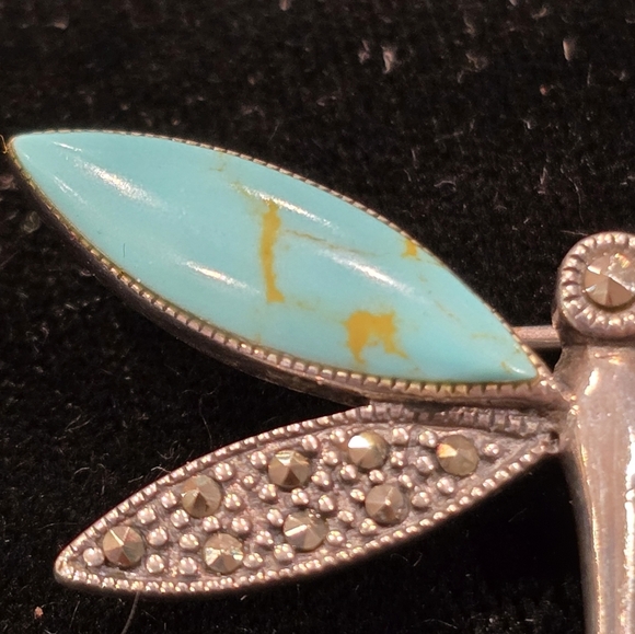 Dragonfly Sterling Silver Turquoise and Marcasite Southwest Style Pin Brooch - Picture 2 of 8